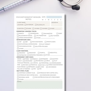 May include: A white notepad with a detailed form for a psychotherapist session, including sections for client information, presenting concerns, interventions, and next steps. A pen and stethoscope are in the background.