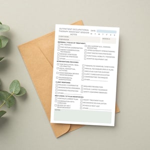 May include: A white therapy assistant session notes sheet with text, resting on a brown envelope. The sheet includes sections for client information, referral focus, interventions, client response, and next steps. Green leaves are in the background.