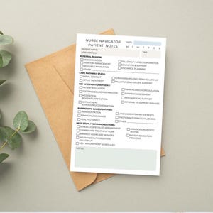 May include: A white Nurse Navigator patient notes form with checkboxes and sections for patient information, referral reasons, and care pathway stages. The form is on top of a brown envelope, with green leaves in the background.
