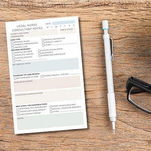 May include: A Legal Nurse Consultant Notes form with checkboxes and sections for client information, case type, records reviewed, and standard of care review. A mechanical pencil, eyeglasses, and a cup of coffee are also on the wooden surface.