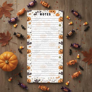 May include: A Halloween notepad with the word "NOTES" at the top, featuring pumpkins, ghosts, and bats. The notepad is surrounded by sweets and candy corn on a wooden surface.