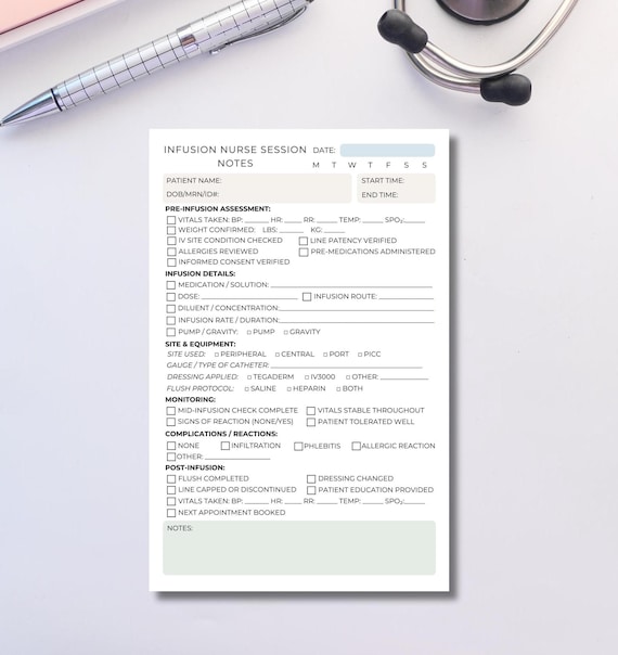 Infusion Nurse Session Note | IV Therapy Documentation Pad | Pre