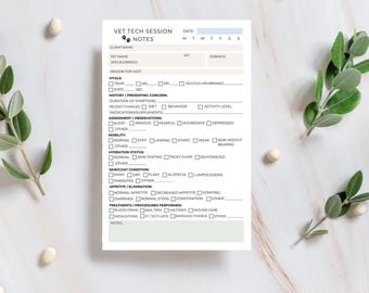 May include: A veterinary tech session notes form with a paw print logo at the top. The form includes sections for client and pet information, vitals, and observations. The background is a marble pattern.