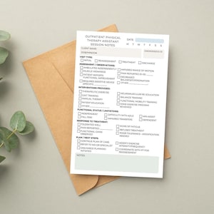 May include: A white outpatient physical therapy assistant session notes form with checkboxes and text, including "Client Name" and "Visit Type." The form is on top of a brown envelope.