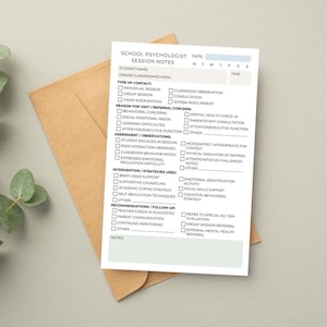 May include: A printed school psychologist session notes form with checkboxes, including sections for student information, type of contact, and interventions. The form is on a white background with a light blue border, resting on a brown envelope.