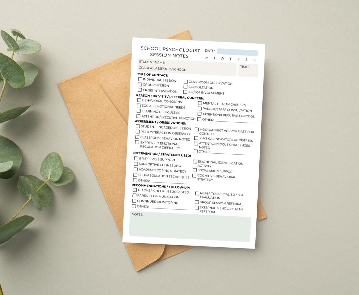 School Psychologist Session Notes Notepad: CBT Documentation Tool