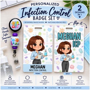 May include: A personalized infection control badge set featuring a reversible badge buddy and a matching beaded reel. The badge buddy displays a cartoon character holding a clipboard and hand sanitizer, with the text MEGHAN and INFECTION CONTROL.