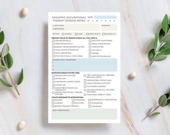 May include: A white pediatric occupational therapy session notes form with text fields and checkboxes. The form includes sections for client information, session focus, interventions, and child's response. The form is surrounded by white and green decorative elements.