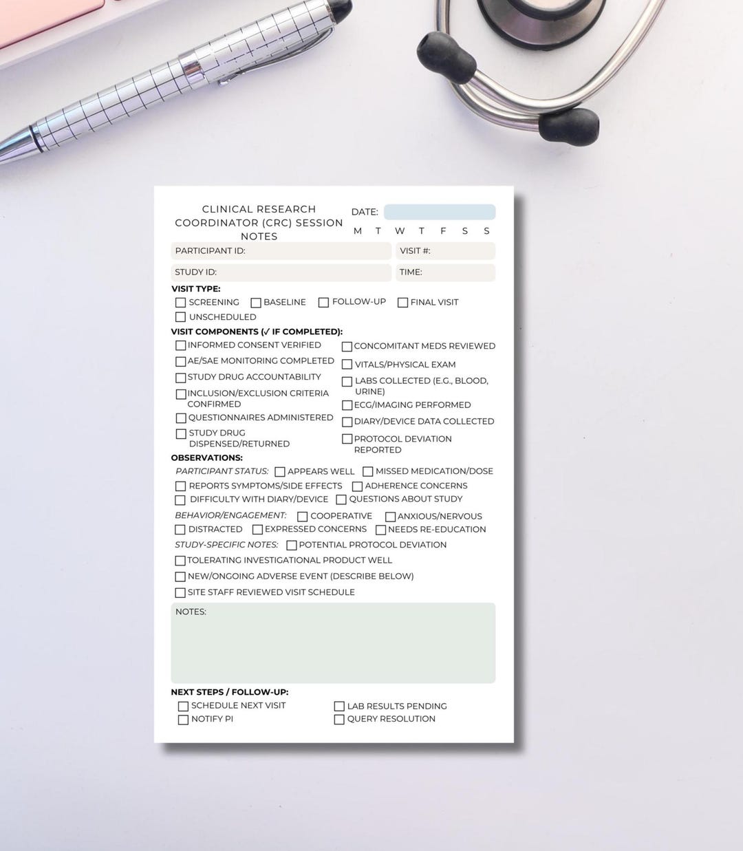 Clinical Research Coordinator Session Notes | CRC Notepad for Study ...