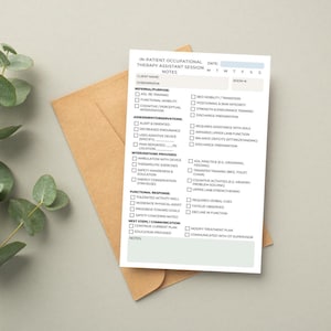 May include: A white In-Patient Occupational Therapy Assistant Session Notes form with checkboxes, text, and a light blue header, rests on a brown envelope. Green leaves are in the background. The form includes sections for client information, referral purpose, and interventions.