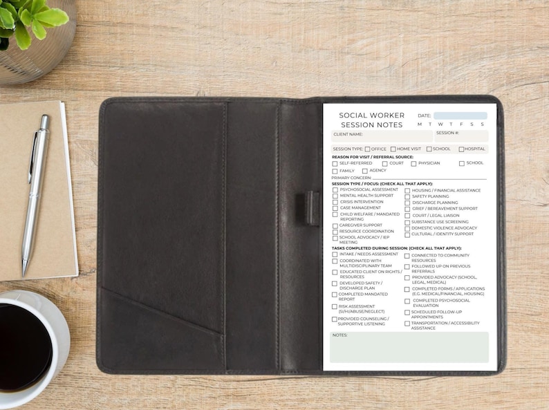 May include: A black leatherette Social Worker Session Notes binder with a notepad insert. The notepad has a detailed form with checkboxes for various session types, focus areas, and completed tasks. The text "SOCIAL WORKER SESSION NOTES" is visible.