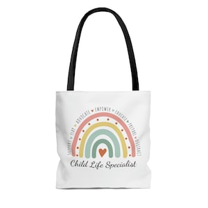 Child Life Specialist Rainbow Tote bag with black straps, white base, CLS tote bag, Child life specialist gift, child life specialist week