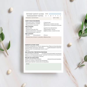 May include: A white patient safety and risk management notes form with checkboxes and sections for details. The form includes sections for safety focus, risk category, immediate actions, and risk mitigation strategies. The form is designed for healthcare professionals.
