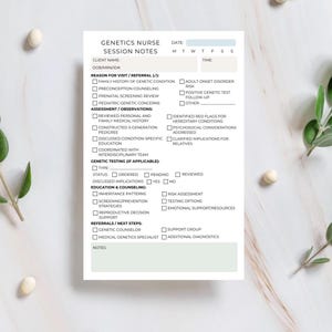 May include: A white Genetics Nurse Session Notes form with a light green section at the bottom. The form includes sections for client information, reason for visit, assessment, genetic testing, education, and referrals. Green leaves and white eggs are scattered around the form.
