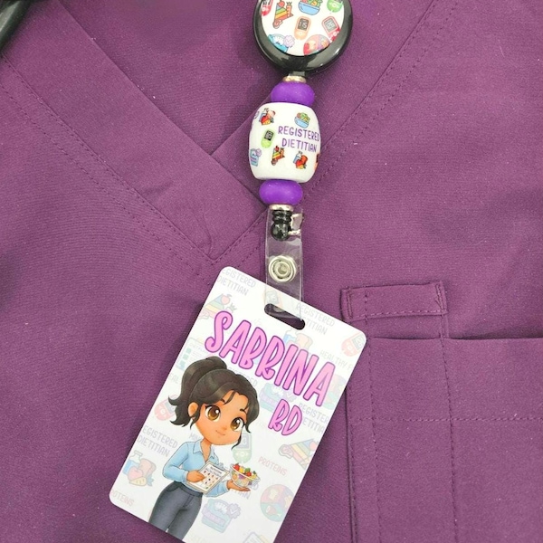 Insignia reversible de dietista registrado/Carrete giratorio personalizado/Portatarjetas de identificación de doble cara con etiqueta de nombre personalizada y soporte con imagen de dibujos animados