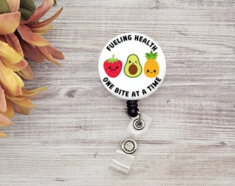 Registered Dietitian Fueling Health on Bite at a Time Badge Reel, Retractable ID Holder, Custom RD Name Badge, Food Clinical Medical Lanyard