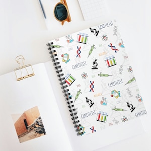 Cahier à spirales de généticien avec lignes droites, étudiant en génétique, caducée, cahier de sciences, généticien, notes du conseiller, notes du médecin