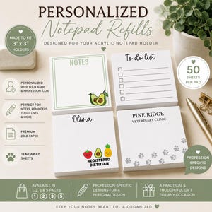Peut inclure: Quatre blocs-notes carrés en papier pour supports de 7,6 cm sur 7,6 cm. Les modèles incluent un bloc notes à bordure verte avec un avocat, une liste de tâches à cocher, un bloc personnalisé avec le nom Olivia et des fruits, et un bloc vétérinaire.