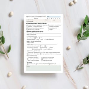 May include: A white and light green genetic counselor session notes form. The form includes sections for patient information, reason for referral, family history, genetic testing information, psychosocial assessment, education provided, and next steps.