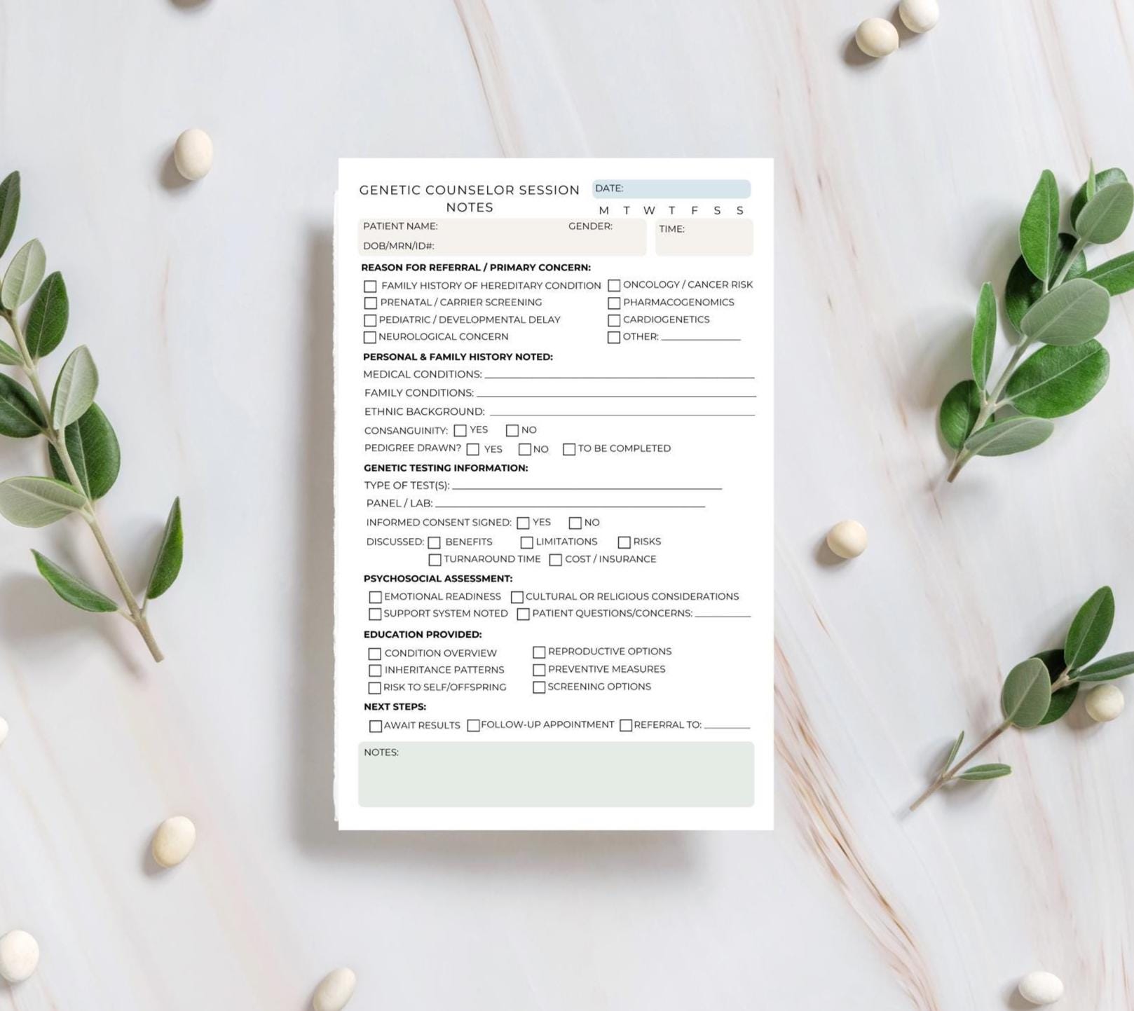 Genetic Counselor Session Notes Notepad – Patient Assessment Log