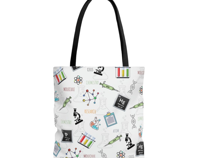 Science Tote bag with black straps, white base, chemistry tote, Scientist student, DNA tote bag, science teacher tote, teacher gift