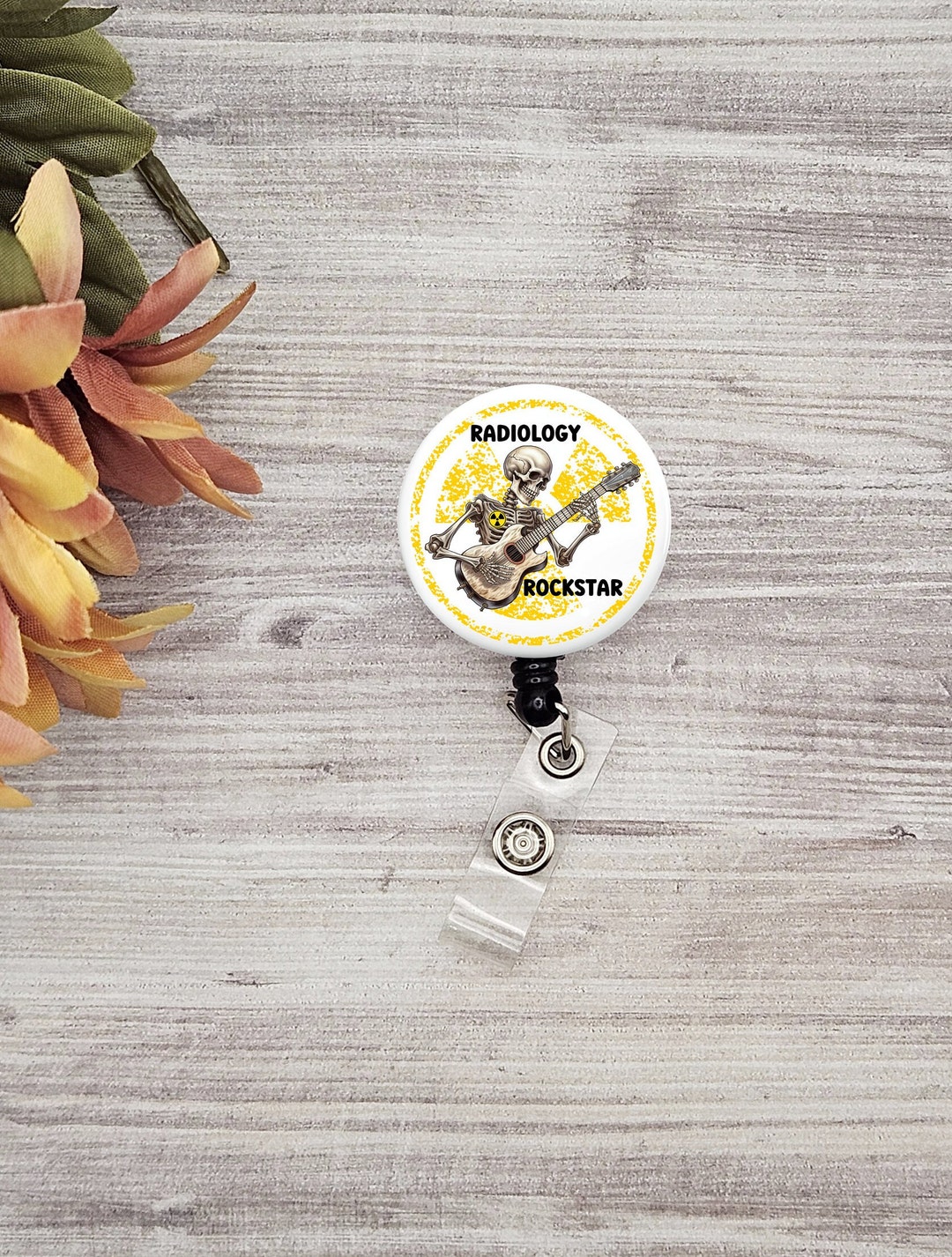 Radiology Rockstar Button Name Badge Holder Guitar Skeleton Xray Tech