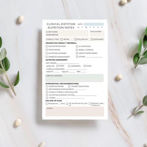May include: A white Clinical Dietitian Nutrition Notes form with sections for client information, consultation type, and nutrition assessment. Includes checkboxes for various health concerns and intervention recommendations. The form is surrounded by decorative elements.