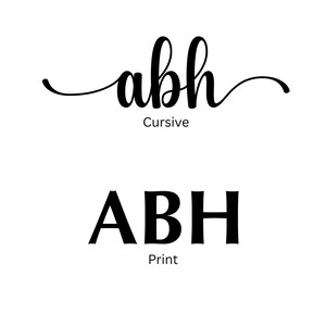 May include: A white background displays "Padfolio Font Choices" in black text. Below, the word "abh" is written in cursive, followed by the word "Cursive". Below that, the letters "ABH" are in a bold, block font, with the word "Print" underneath.