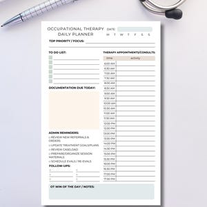 Occupational Therapist Daily Planner Notepad OT Schedule Organizer Inpatient & Outpatient | Progress Notes, To Do List Follow Ups | OT Gift