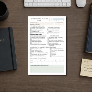 May include: A white Chiropractic Plan of Care form with black text and checkboxes. The document includes sections for patient name, date, type of care, treatment goals, interventions, a weekly visit schedule, and a home exercise program section.