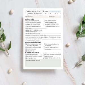May include: A white Career Counselor Session Notes sheet with sections for client details, session focus, assessment, interventions, and follow-up actions. The sheet has checkboxes and lines for notes, with a light green border.