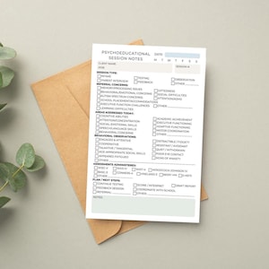 May include: A white psychoeducational session notes form with checkboxes and prompts, including sections for client information, session type, referral concerns, and behavioral observations. The form is on a brown envelope.