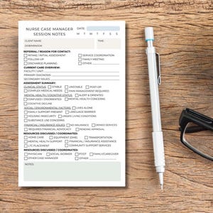 May include: A nurse case manager session notes form with a pen, glasses, and a cup of coffee on a wooden surface. The form includes sections for client information, referral details, and assessment summaries. The pen is silver and black.