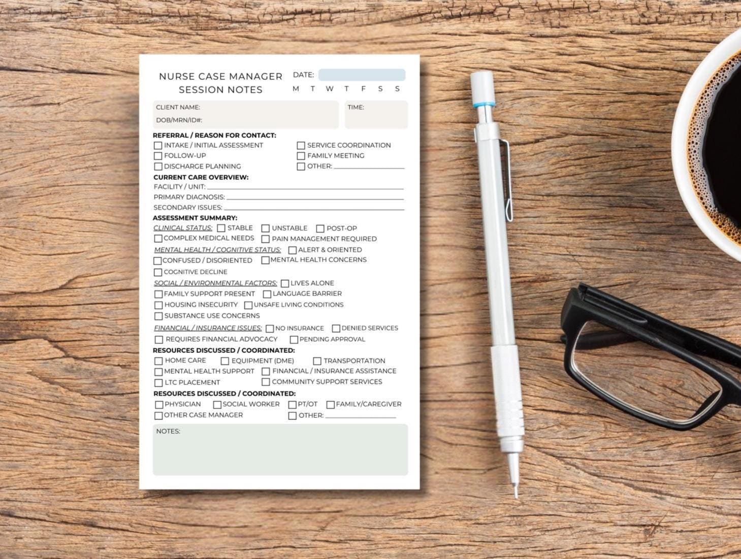 Nurse Case Manager Session Notes | Medical Discharge Planner Notepad ...