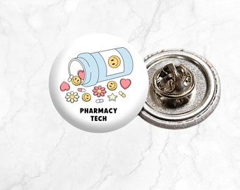 Happy Pills Pharmacy Tech Button Pin, Custom Medication Lapel Clip, Professional Healthcare Rx ID Tag, Decorative Hospital Badge Lanyard
