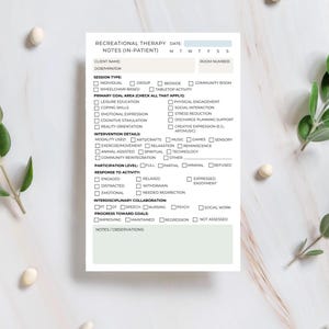 May include: A white, printed recreational therapy notes form for in-patient use. The form includes sections for client information, session type, primary goals, intervention details, and progress notes. The form is designed for healthcare professionals.