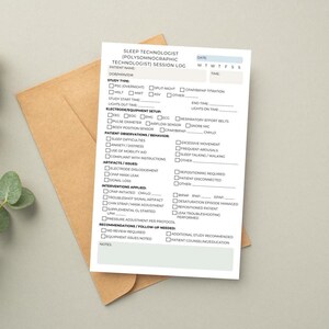 May include: A sleep technologist session log on white paper, featuring sections for patient information, study type, electrode setup, and observations. The log is placed on a brown envelope, with text including "Sleep Technologist" and "Patient Name."