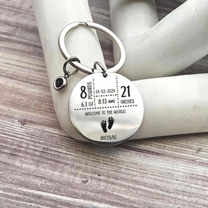 Personalized Baby Birth Stats Keychain: Stainless Steel Keepsake with Birthstone