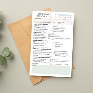 May include: A white reflexology session notes sheet with checkboxes and fill-in sections, including areas treated, client concerns, and aftercare recommendations. The sheet is on a brown envelope, with green leaves in the background.