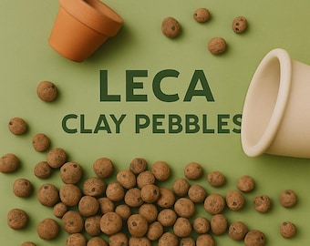 May include: A collection of round, brown clay pebbles scattered across a green surface, accompanied by one terracotta-colored pot and one cream-colored pot. The text LECA CLAY PEBBLES is printed in dark green letters in the center of the image.