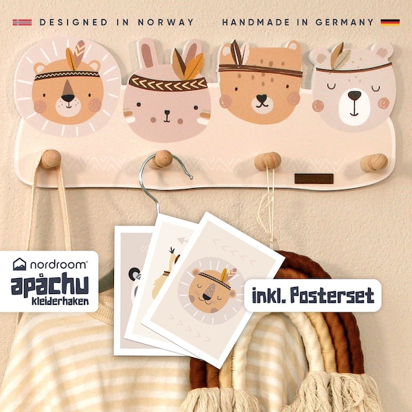 Kleiderhaken für Kinderzimmer + Posterset / Garderobe / Kinder Hakenleiste / Indianer / gratis / Geschenk / Babyzimmer / Kinderzimmer Deko