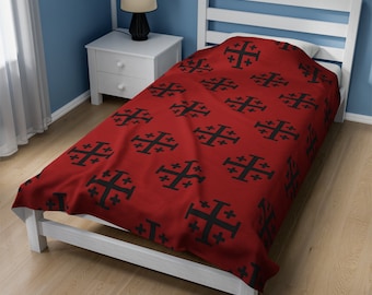 Manta de felpa del dormitorio de la cruz de Jerusalén, regalo del cruzado Deus Vult, regalo católico para el cónyuge, decoración católica para el hogar, regalo del santo de cumpleaños