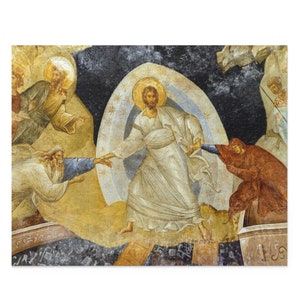 May include: A Byzantine fresco depicting the ascension of Jesus Christ. He is surrounded by a halo of light and is reaching out to a figure below. The fresco is painted in muted tones of yellow, brown, and white.
