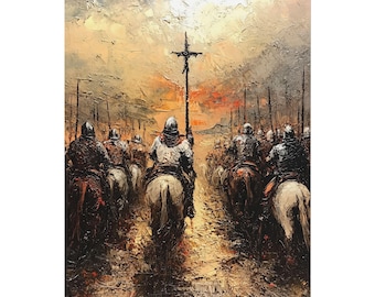 Medieval Crusader Wall Art, Christian Poster Print, Knight Decor, Historical Battle Scene, Army Marching into Battle - Dramatic Artwork