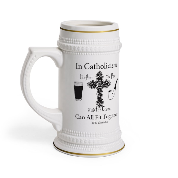 G.K. Chesterton Quote Catholic Beer Stein - Vintage Traditional Pint, Pipe, Cross, Religious Dad, Mens Gift, Christian Glass, 22oz Mug,
