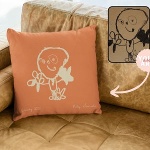 Kids artwork gift | Custom pillow with kids artwork | Orange decorative pillow | Customized photo pillow | Kids artwork display pillow|