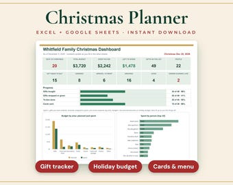 Christmas Planner Spreadsheet, Gift Tracker, Holiday Budget, Cards and Menu Checklist, Excel, Google Sheets
