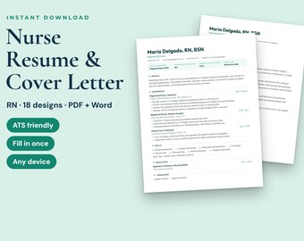 Nurse Resume Template with Cover Letter, References, RN, ATS Friendly, 18 Designs, Word, PDF