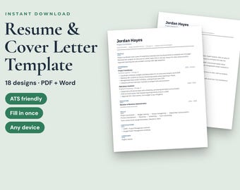 Resume and Cover Letter Template, Word and PDF, References Page, ATS Friendly, 18 Designs