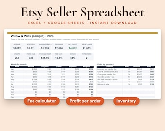Etsy Seller Spreadsheet, Fee Calculator, Profit Tracker, Inventory, Pricing, Excel and Google Sheets